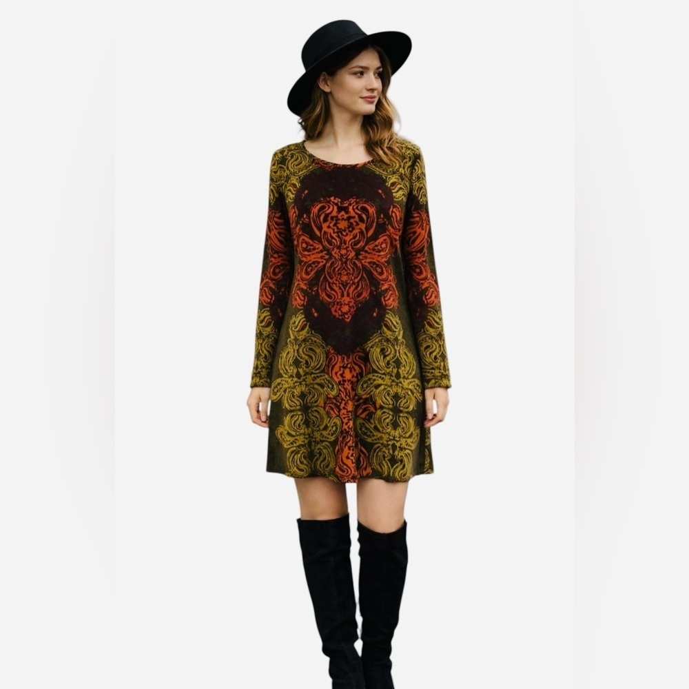 Aryeh Green Multicolor Baroque Print Bell Sleeve Tunic Dress Size L